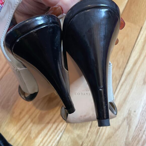 Ann Taylor spats style open toed heels taupe black patent 6 - Picture 9 of 9